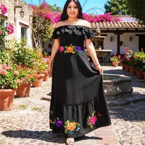 Floral Embroidered Off-Shoulder Black Dress